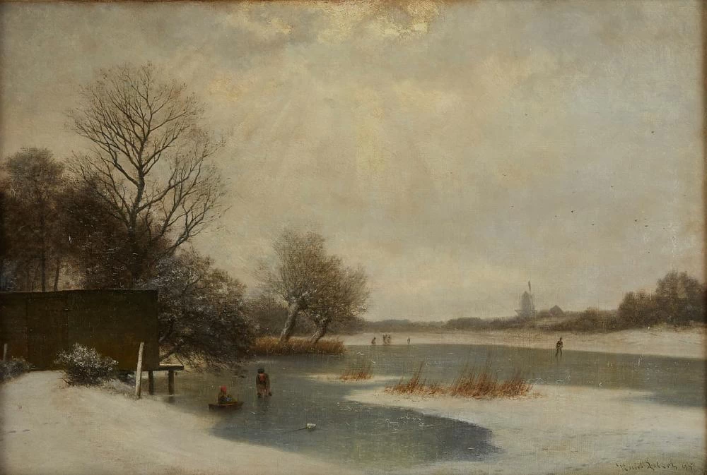 Un paesaggio invernale con pattinatori su uno stagno